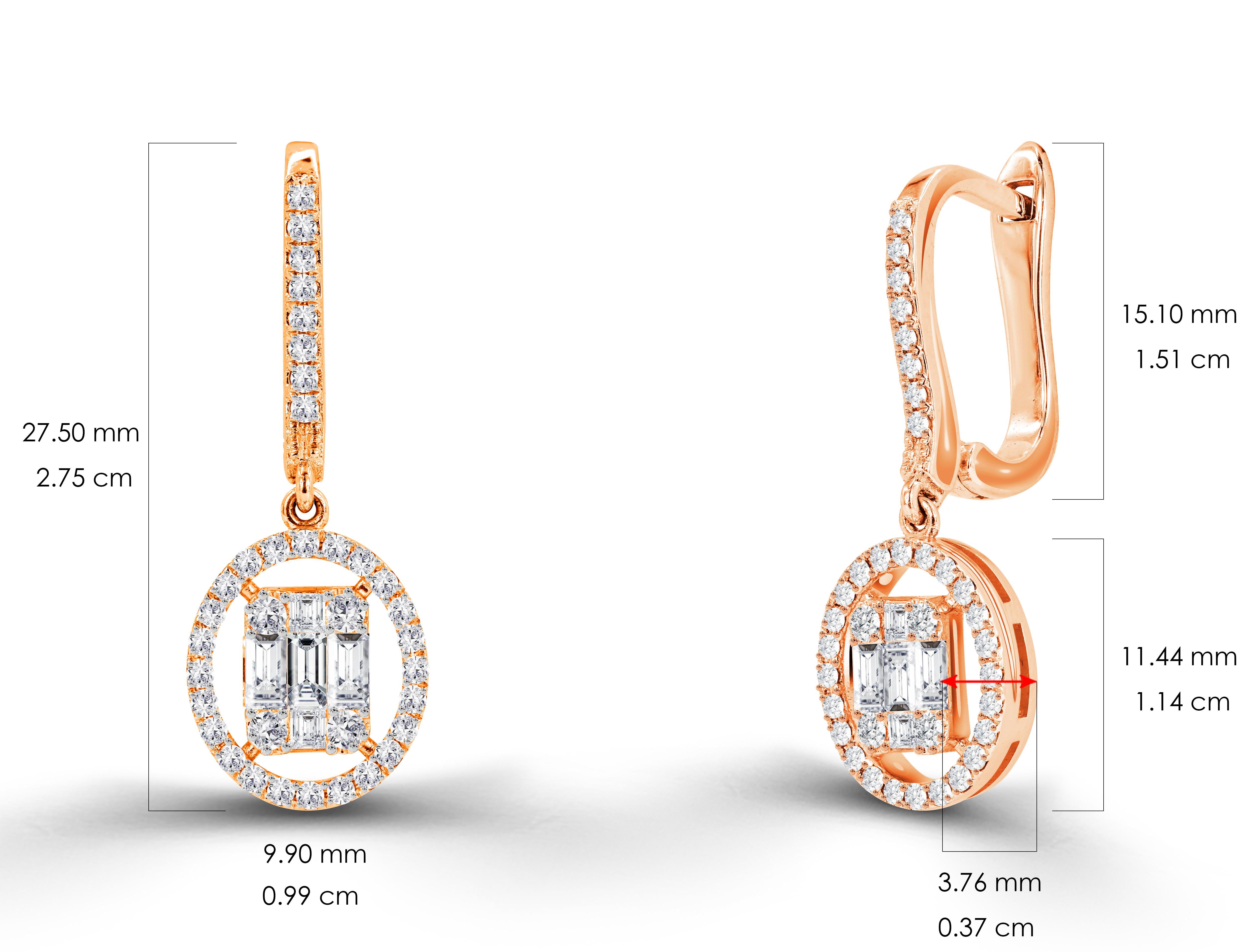 1.19ct Diamond Baguette and Round Cut Diamond Dangle Earrings in 18k Gold For Sale 1