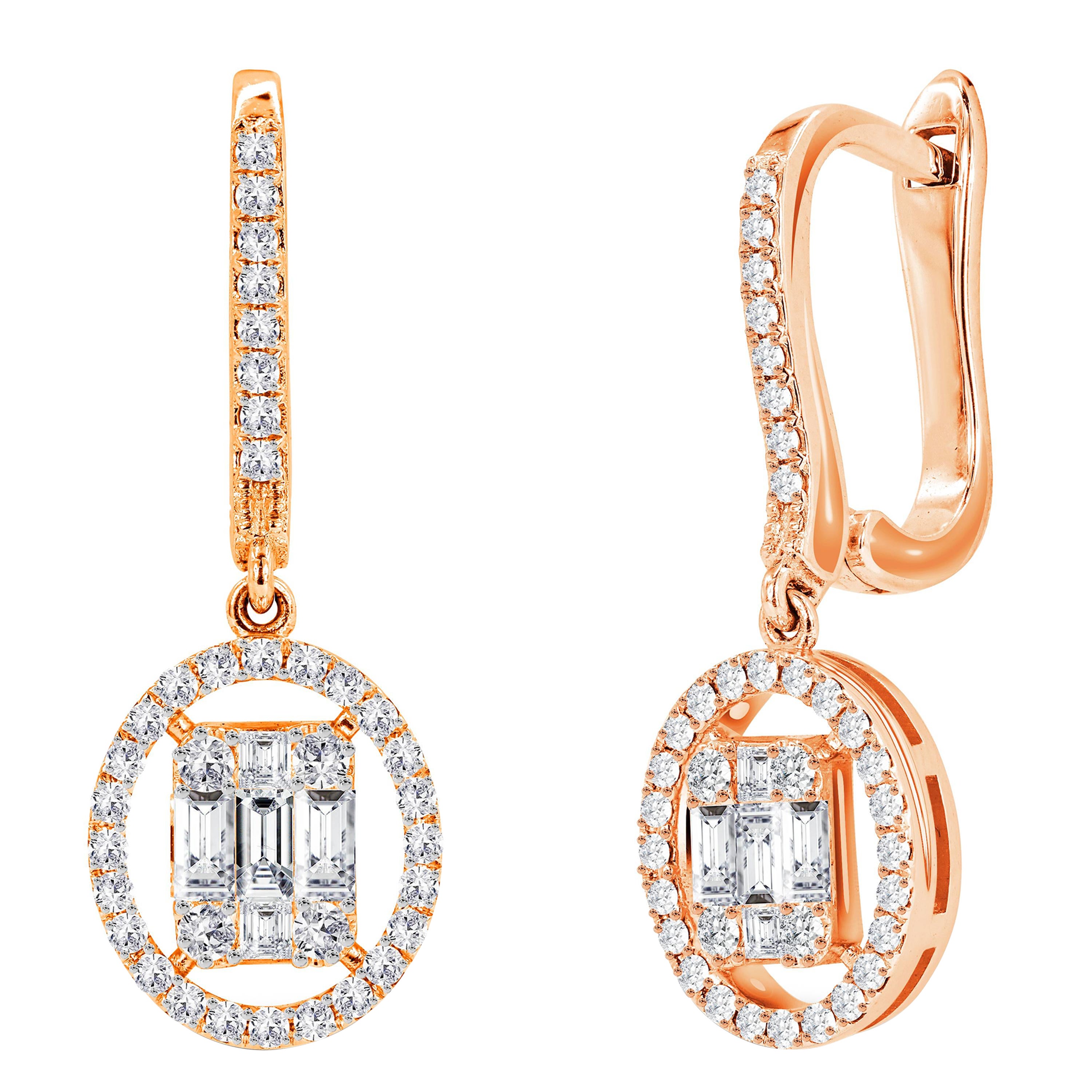 Pendientes de oro de 14k con diamantes talla redonda y baguette de 1,19 ct en venta