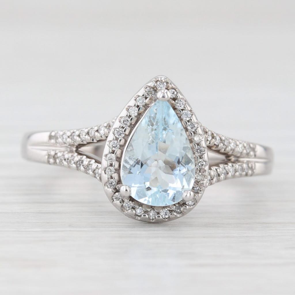 1.19ctw Aguamarina Diamante Halo Anillo Lágrima Oro Blanco 14k Tamaño 8.5 Compromiso en Bueno estado para la venta en McLeansville, NC