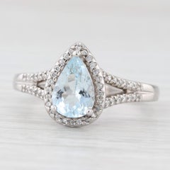 1.19ctw Aguamarina Diamante Halo Anillo Lágrima Oro Blanco 14k Tamaño 8.5 Compromiso