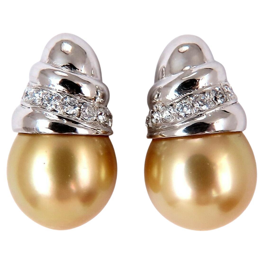 Golden Yellow South Seas Pearls .50ct Diamonds Stud Earrings 14kt Gold For Sale