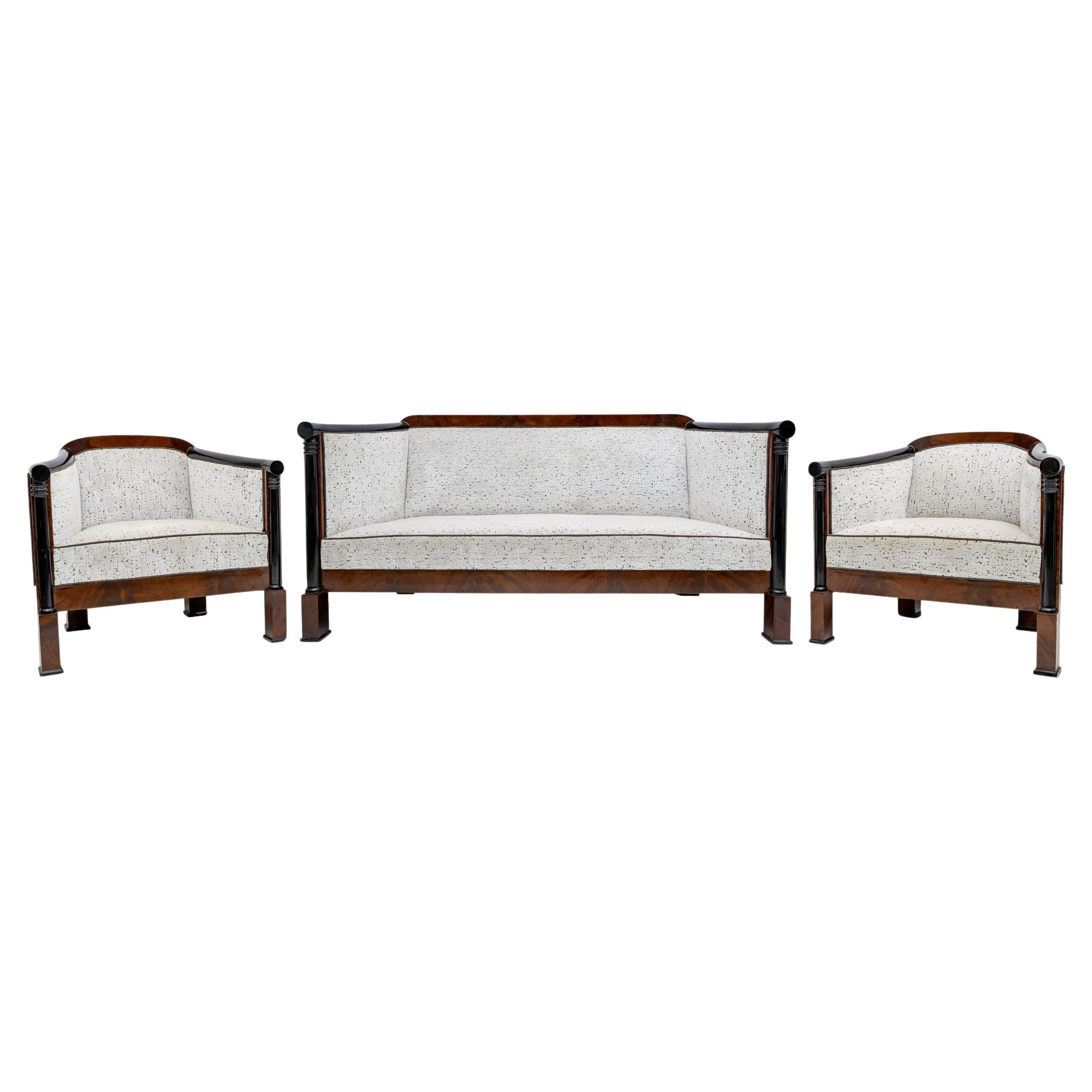 19th Century Biedermeier Mahogany Feather Two Armchairs and Sofa Vienna 1840