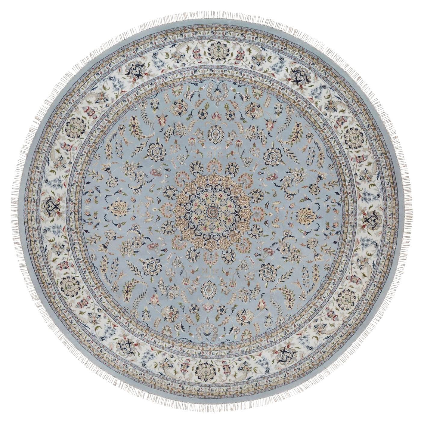 11'9 "x11'9" Blu Nain con disegno a medaglione Tappeto rotondo in lana e seta annodato a mano