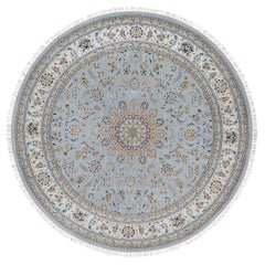 11'9"x11'9" Blue Nain with Medallion Design Wool and Silk Hand Knotted Round Rug