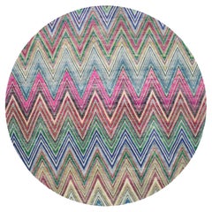 11'9"x11'9" Fuscia Rosa farbenfroher runder Teppich aus handgeknüpfter Seidenwolle mit Chevron-Design