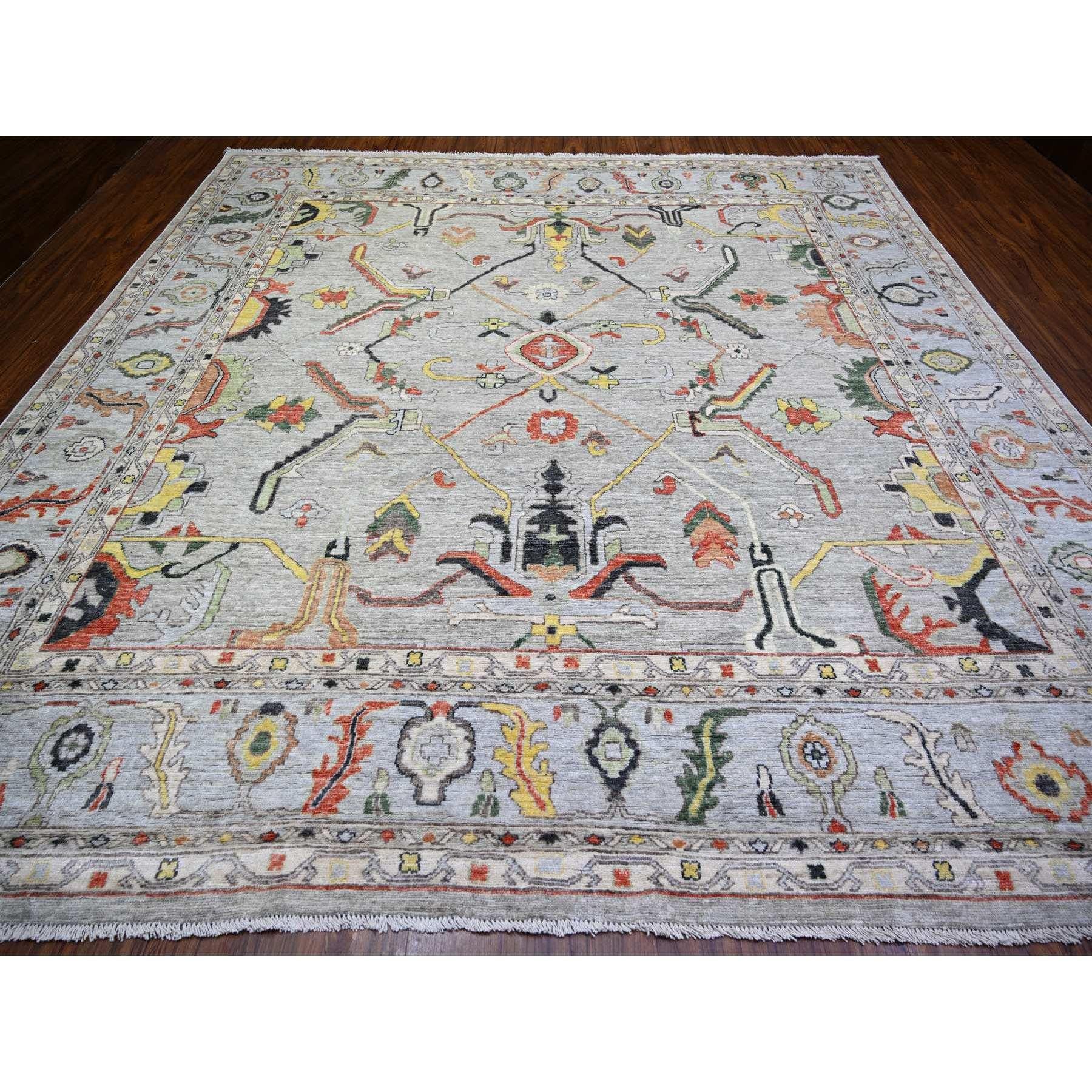 This is a truly genuine one-of-a-kind Goose Gray, Afghan Angora Oushak with All Over Colorful Pattern Vegetable Dyes, Organic Wool Hand Knotted, Square Oriental Rug. It has been Knotted for months and months in the centuries-old weaving