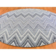 11'9"x11'9" Gray-Blue Chevron Design Wool and Pure Silk Hand Knotted Round Rug