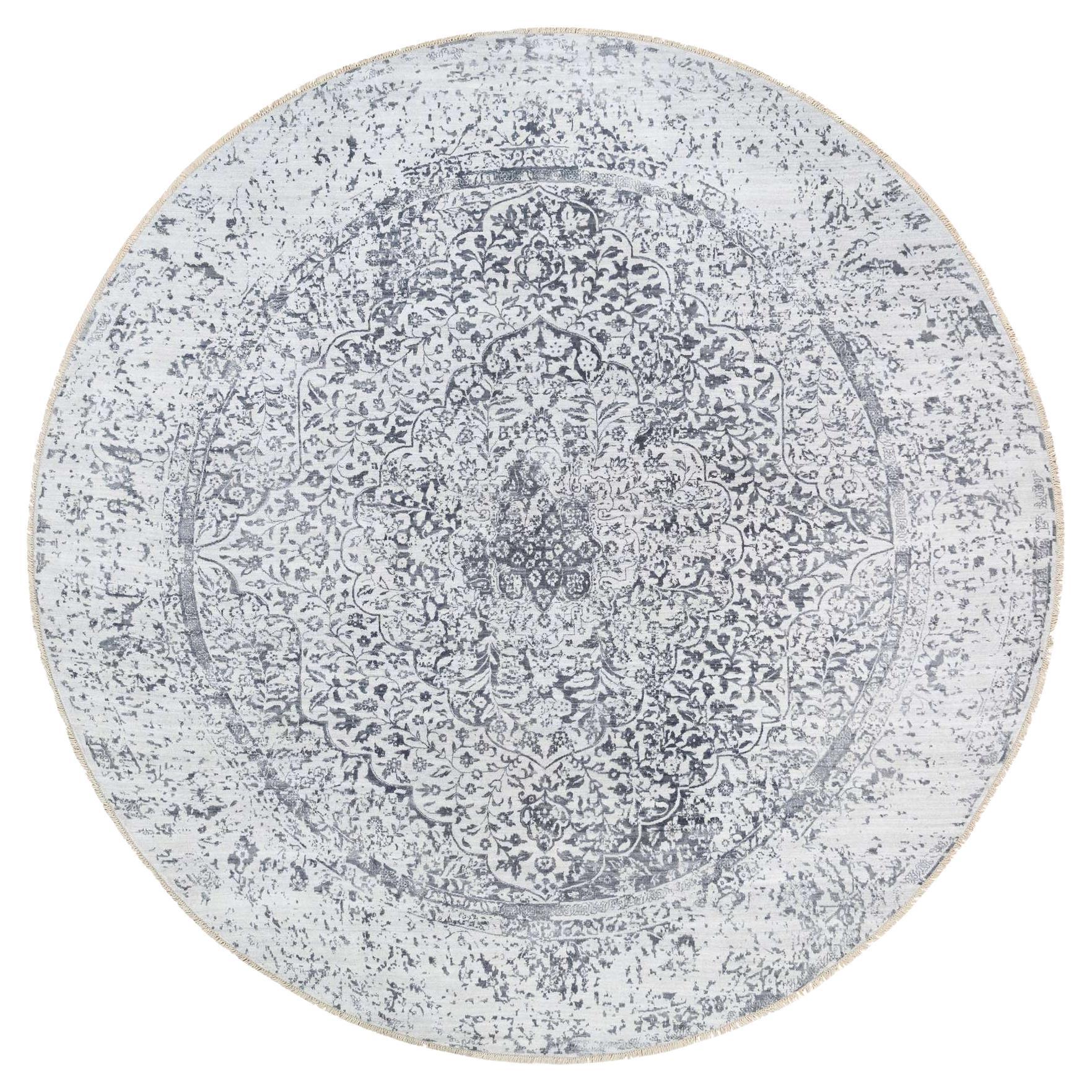 11'9 "x11'9" Grau Hand geknüpft gelöscht persischen Design Wolle und reine Seide Runde Teppich