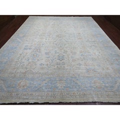 Tappeto in morbida lana annodato a mano, 11'9"x14', grigio chiaro, con motivo Mahal su tutta la superficie e finitura lucida