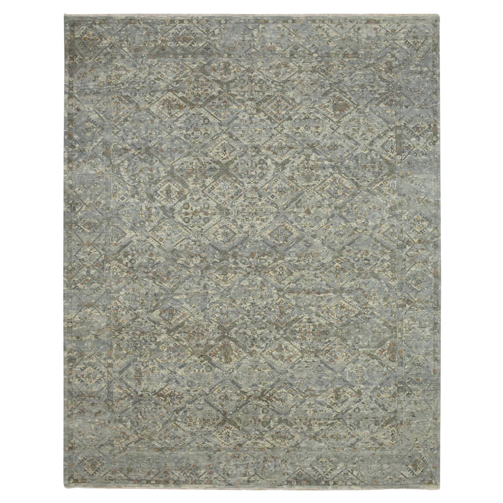 11
9"x14
10" Gray Erased and Broken Garden Design Hand Knotted Natural Wool Rug