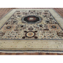11'9"x14'3" Oversized Ivory Shiny Wool Super Fine Peshawar Mamluk Design Rug