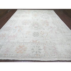 11'9"x14'6" Silver Gray Hand Knotted Angora Oushak Leaf Design Wool Oriental Rug