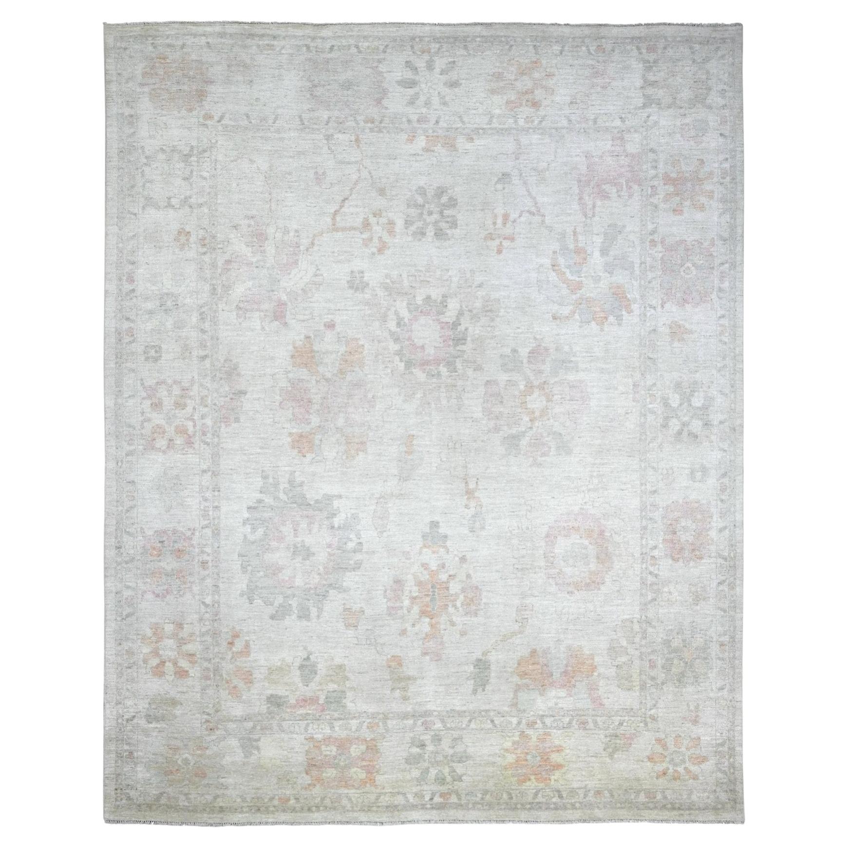 11'9"x14'6" Silver Gray Hand Knotted Angora Oushak Leaf Design Wool Oriental Rug