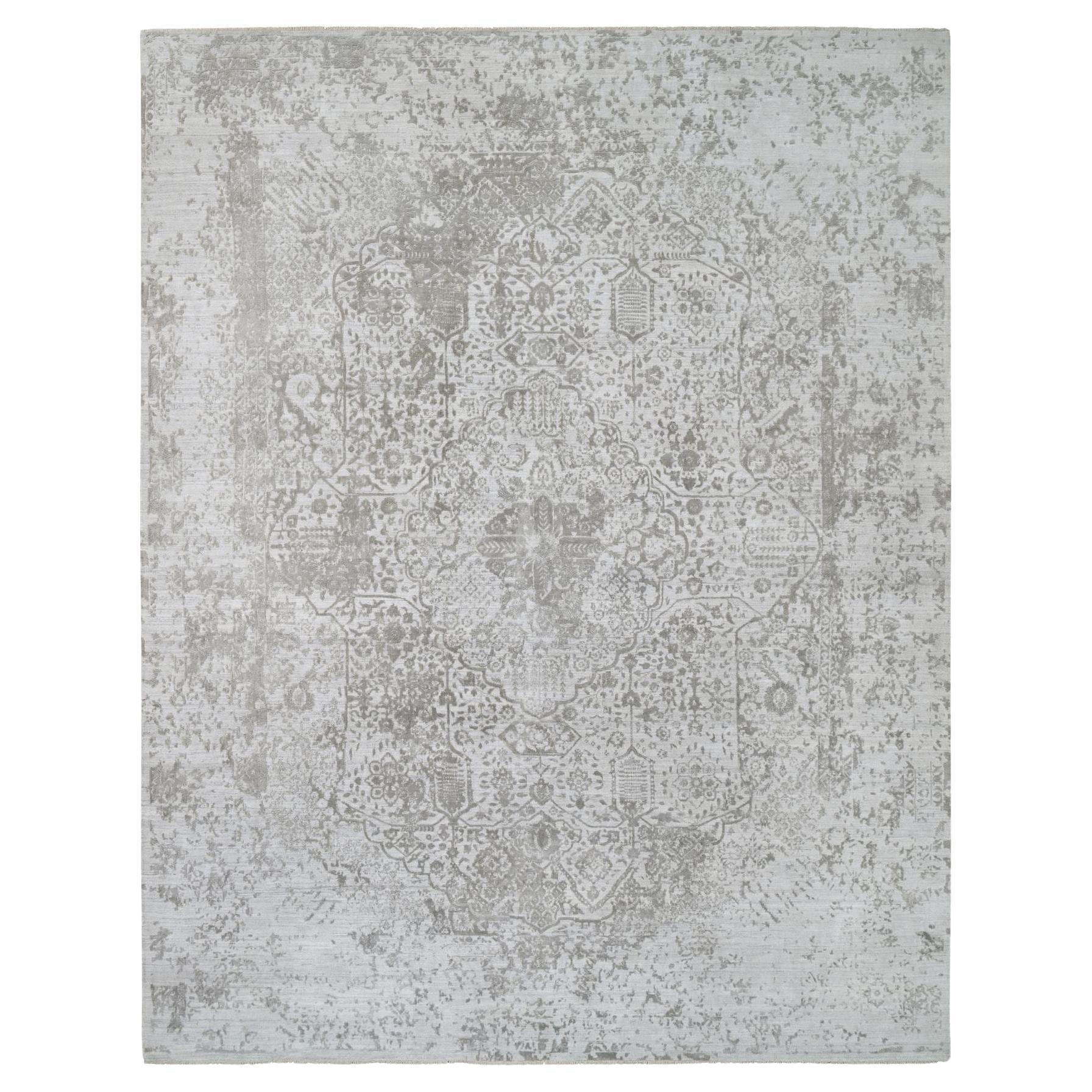 11'9"x15' Grauer handgeknüpfter orientalischer Teppich aus Wolle und reiner Seide in Broken-Persischem Design