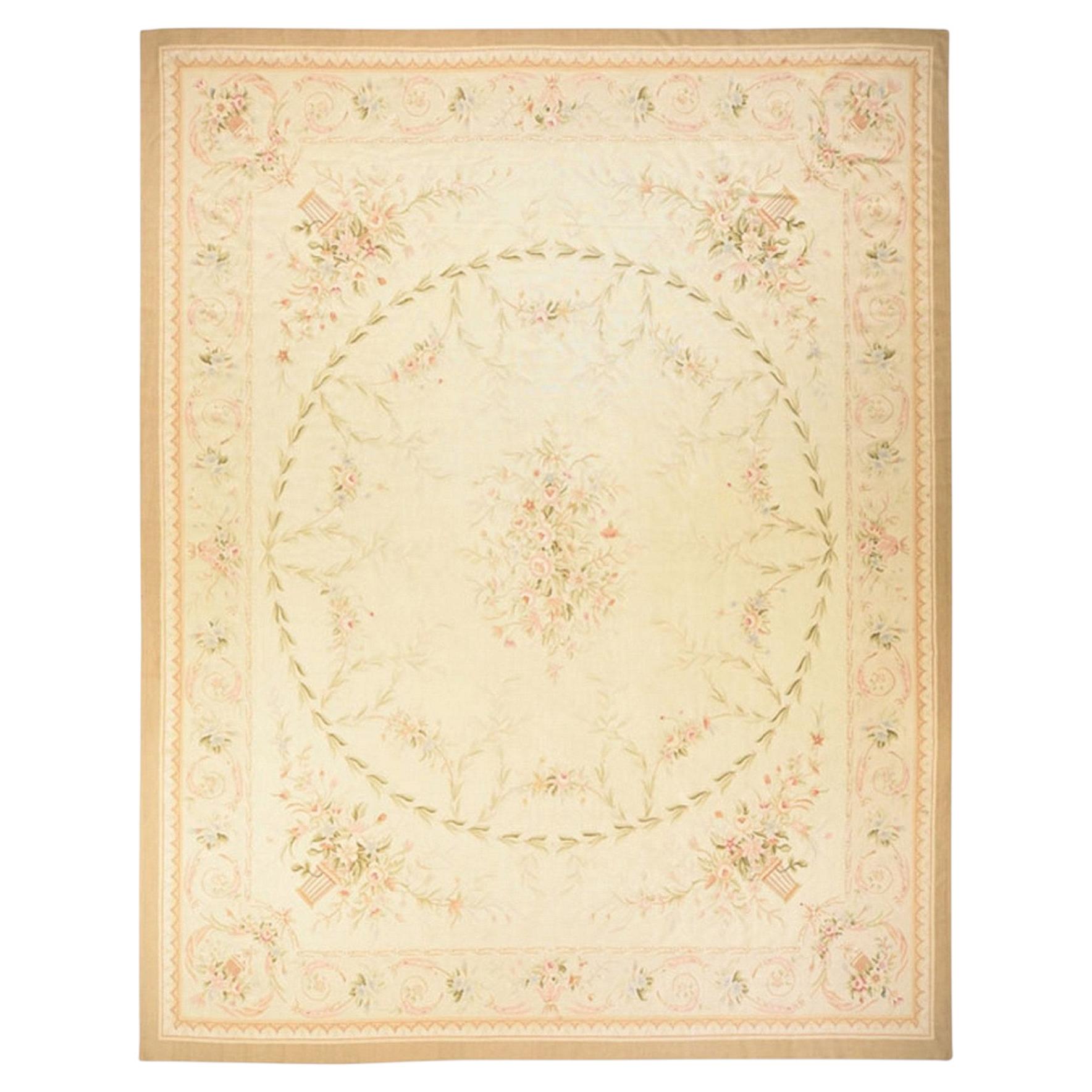 11'9"x15' Ivory Aubusson Flat Weave Hand Woven 100% Wool European Style Rug