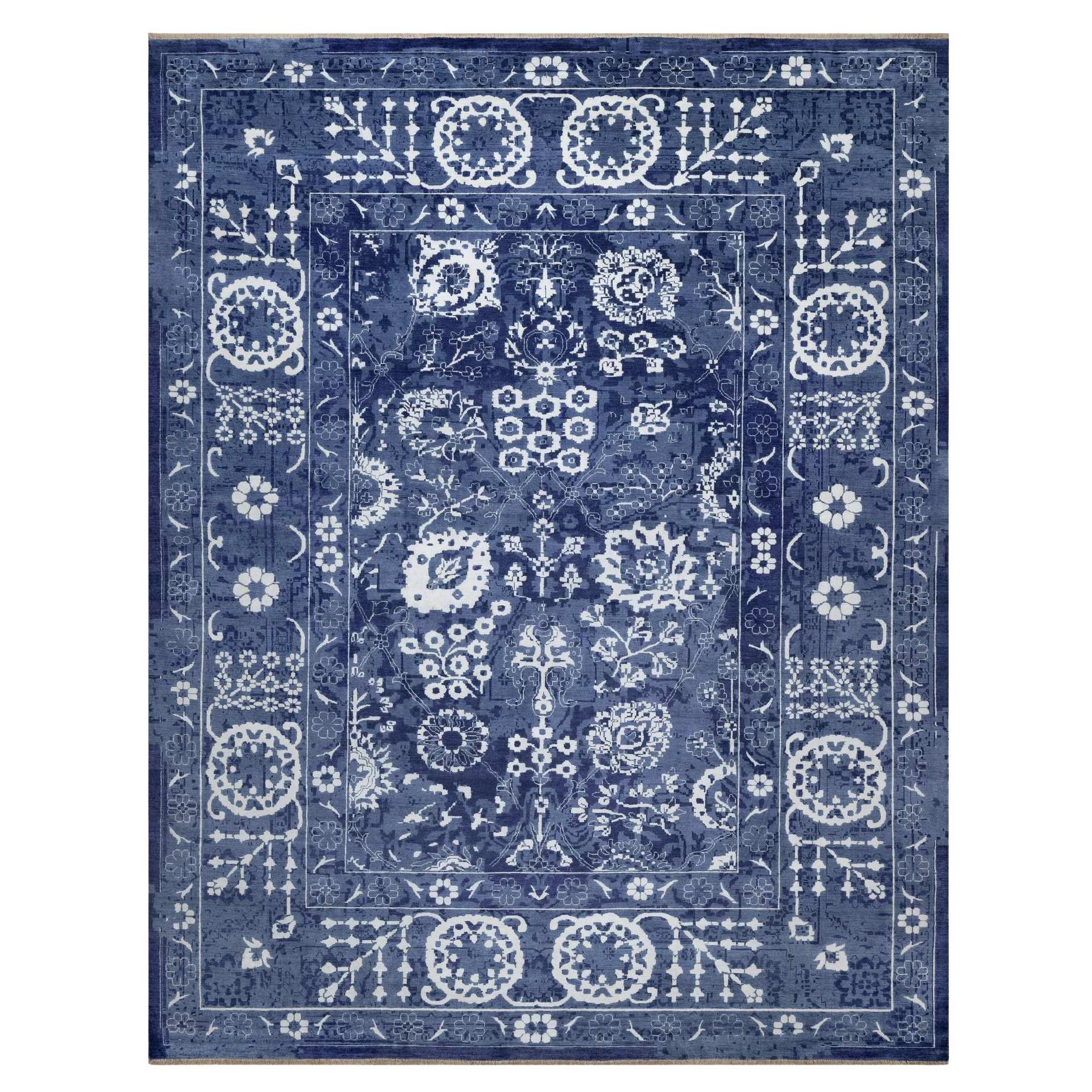 11'9 "x15' Nova Blue Tappeto Tabriz annodato a mano con disegno a foglie in lana e seta