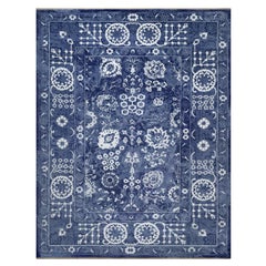 11'9"x15' Nova Blauer handgeknüpfter Teppich aus Wolle und Seide aus Täbris mit Blattmuster