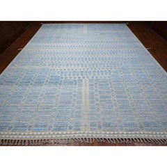 11'9 "x15'1" Tappeto orientale blu annodato a mano interamente in lana con trama marocchina e vello in rilievo
