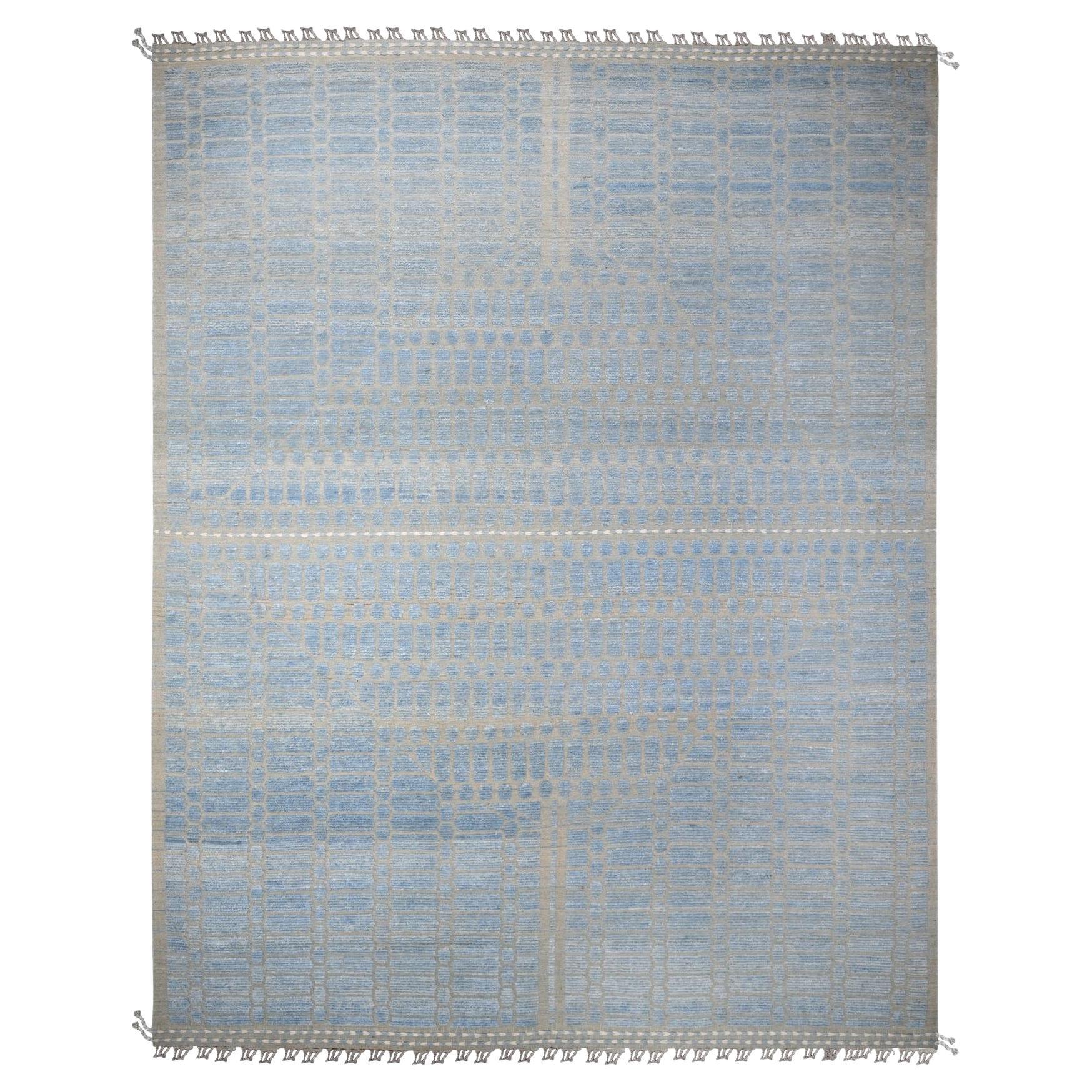 11'9"x15'1" Blauer handgeknüpfter orientalischer Teppich aus aller Wolle mit marokkanischem Gewebe und geprägter Flor