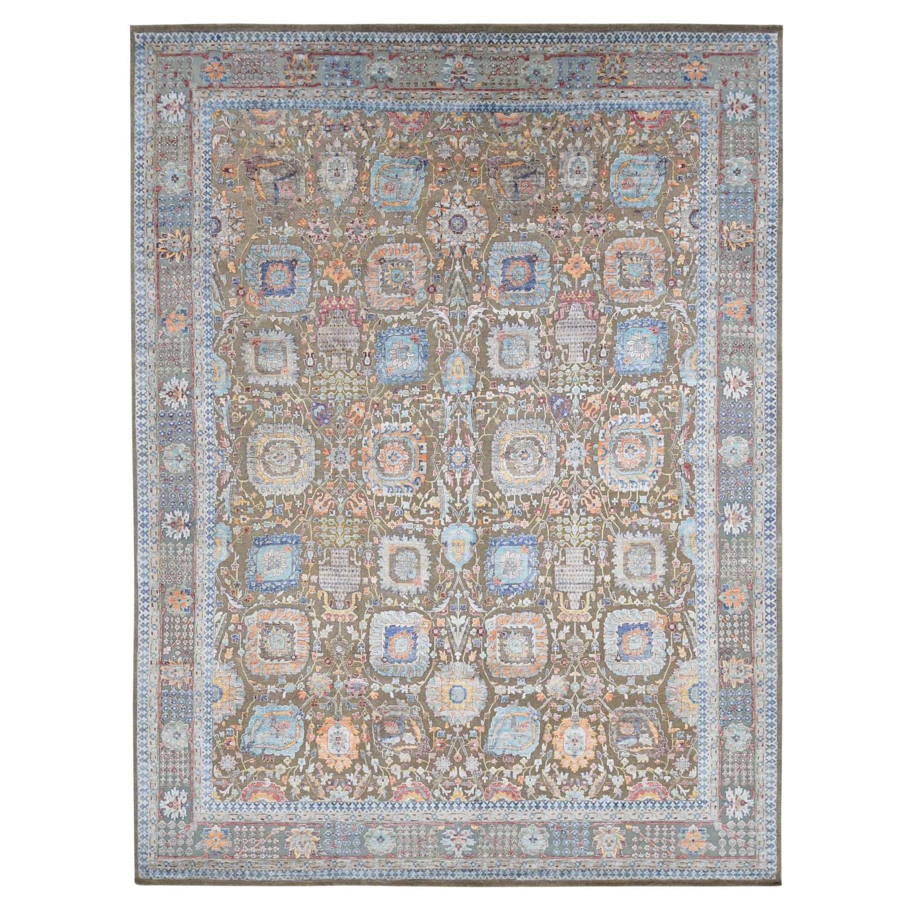 11'9 "x15'2" Tappeto marrone anticato Tabriz Vase annodato a mano in seta e lana in vendita