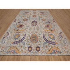 Tapis XL en soie aux motifs de feuilles en forme de faucille, couleur ivoire-marron, tissé à la main avec de la laine, 11'9" x 15'2"