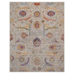 Tapis XL en soie aux motifs de feuilles en forme de faucille, couleur ivoire-marron, tissé à la main avec de la laine, 11'9" x 15'2"