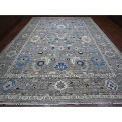 11'9"x15'2" Solid Gray Fine Aryana Peshawar Heris Design Oversized Oriental Rug