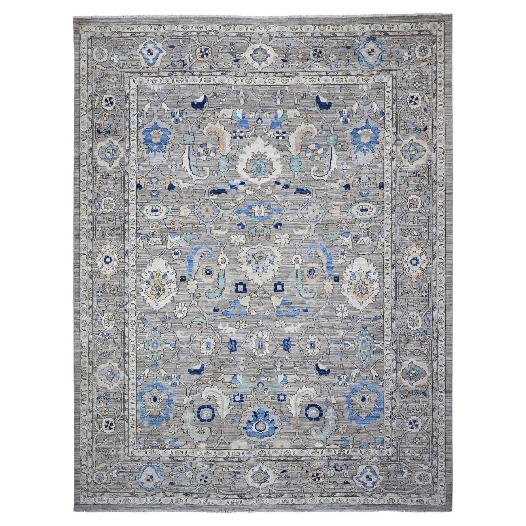 11'9"x15'2" Solid Gray Fine Aryana Peshawar Heris Design Oversized Oriental Rug For Sale