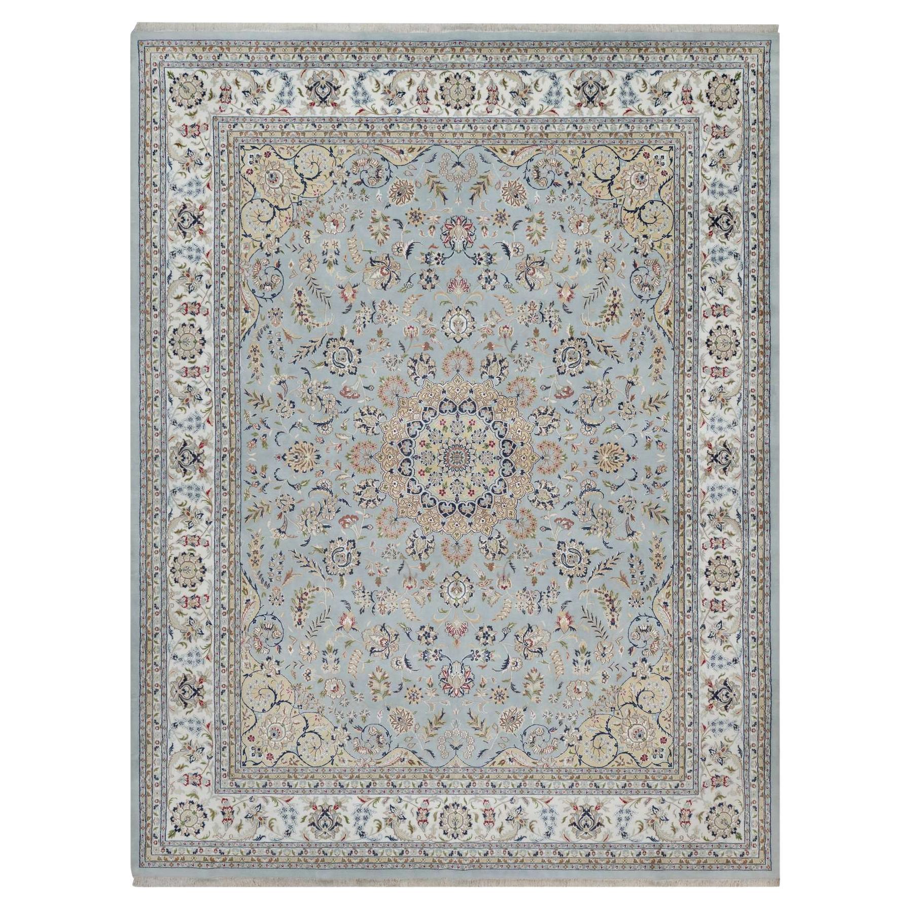 11
9 "x15
4" Schieferblauer Nain mit Blumendesign Handgeknüpfter Teppich aus Wolle und Seide XL