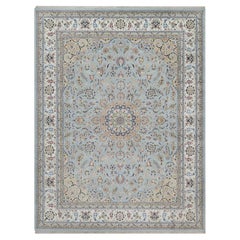 11
9 "x15
4" Schieferblauer Nain mit Blumendesign Handgeknüpfter Teppich aus Wolle und Seide XL