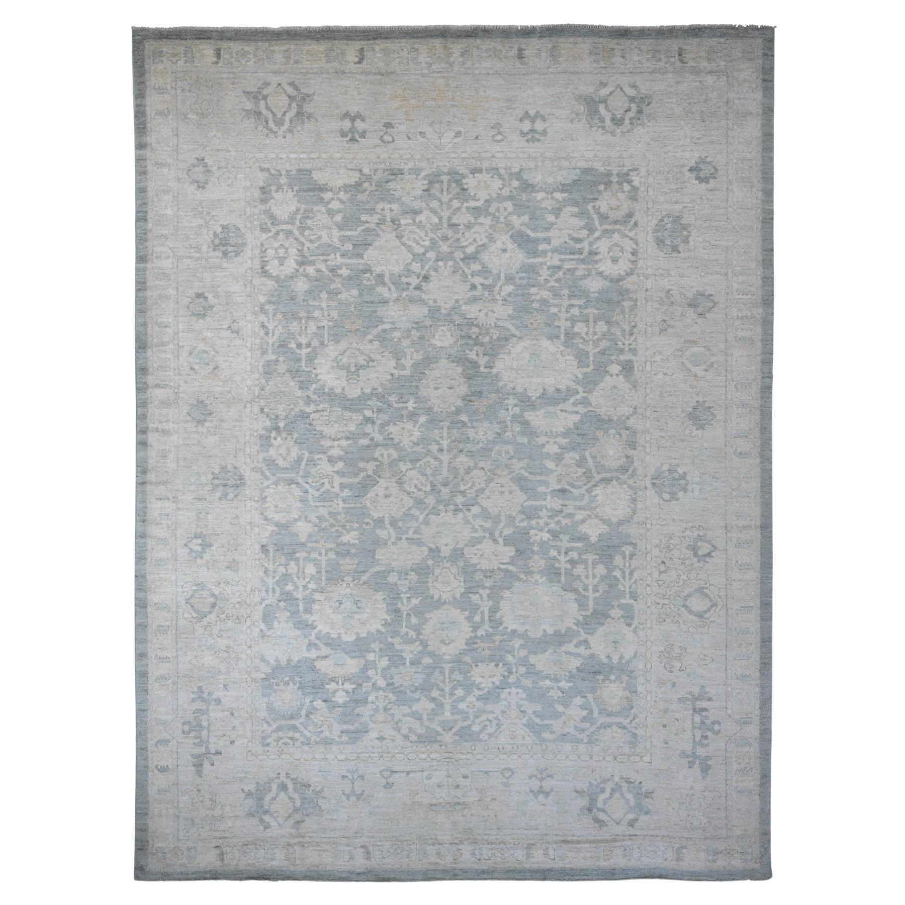 11'9"x15'5" Gray Hand Knotted Afghan Angora Oushak Leaf Design Wool Oriental Rug