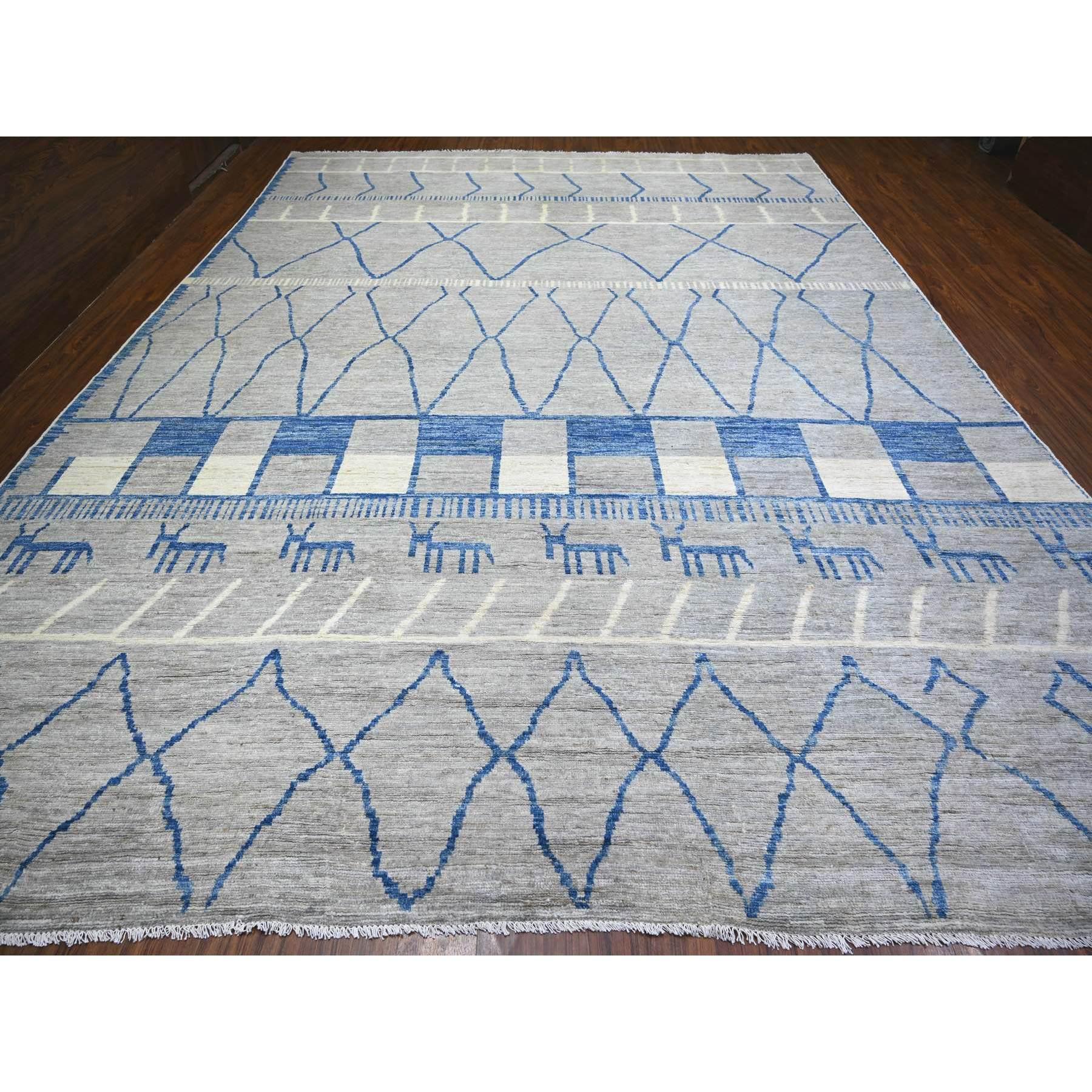 This is a truly genuine one-of-a-kind Cloud Gray, Pure Wool Hand Knotted, Boujaad Moroccan Berber Design Vegetable Dyes, Oversized Oriental Rug. It has been Knotted for months and months in the centuries-old weaving craftsmanship techniques by