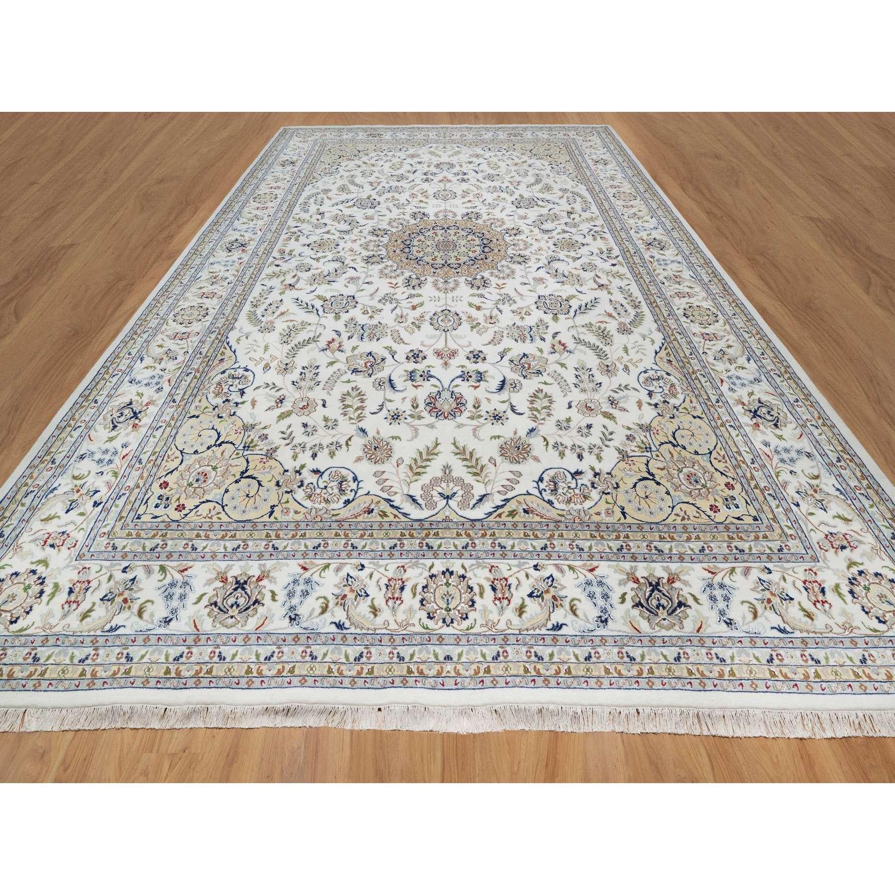 Floral White, 250 KPSI, Nain with Flower Medallion Design, Hand Knotted, Wool and Silk, Oversized, Oriental Rug
Primary materials: Wool & Silk
Latex: No Pile 
height: 0.25 Inches
Style: Traditional
Primary color: Ivory
Secondary colors: Green, Blue,