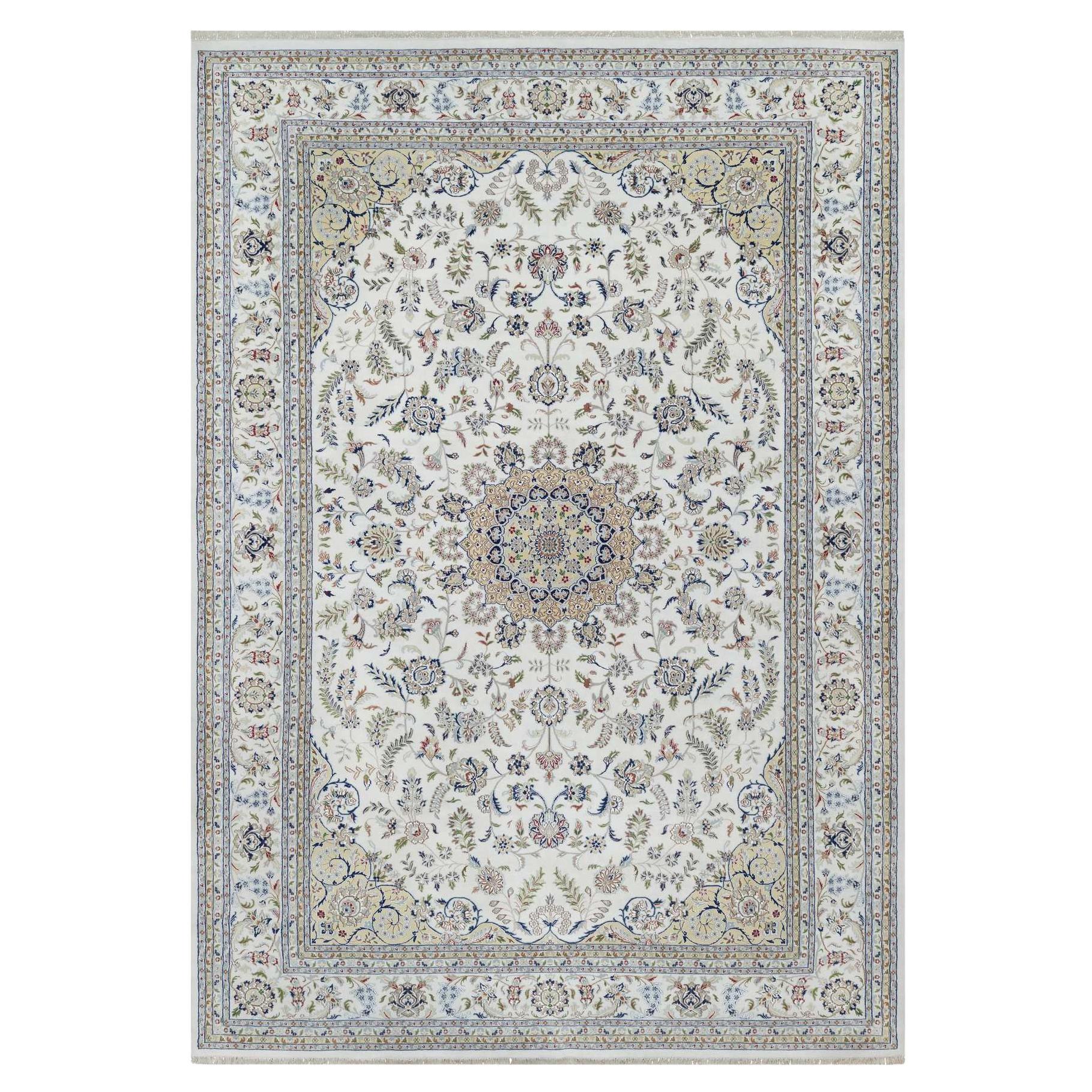 11'9"x18'1" White 250 KPSI Nain Flower Design Hand Knotted Wool and Silk Rug For Sale