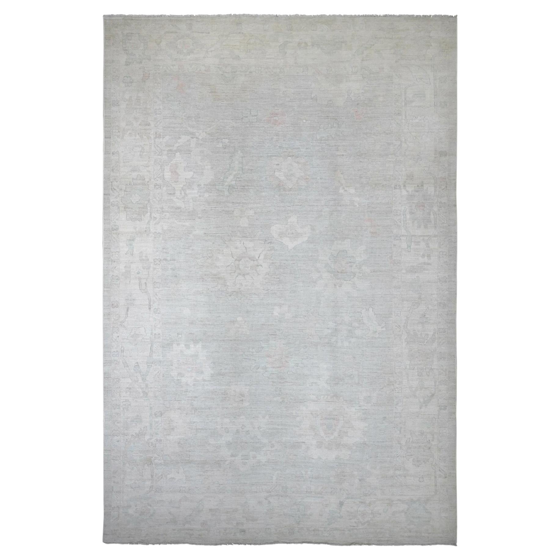 11'9"x18'6" Light Gray Afghan Angora Oushak Leaf Design Hand Knotted Wool XL Rug