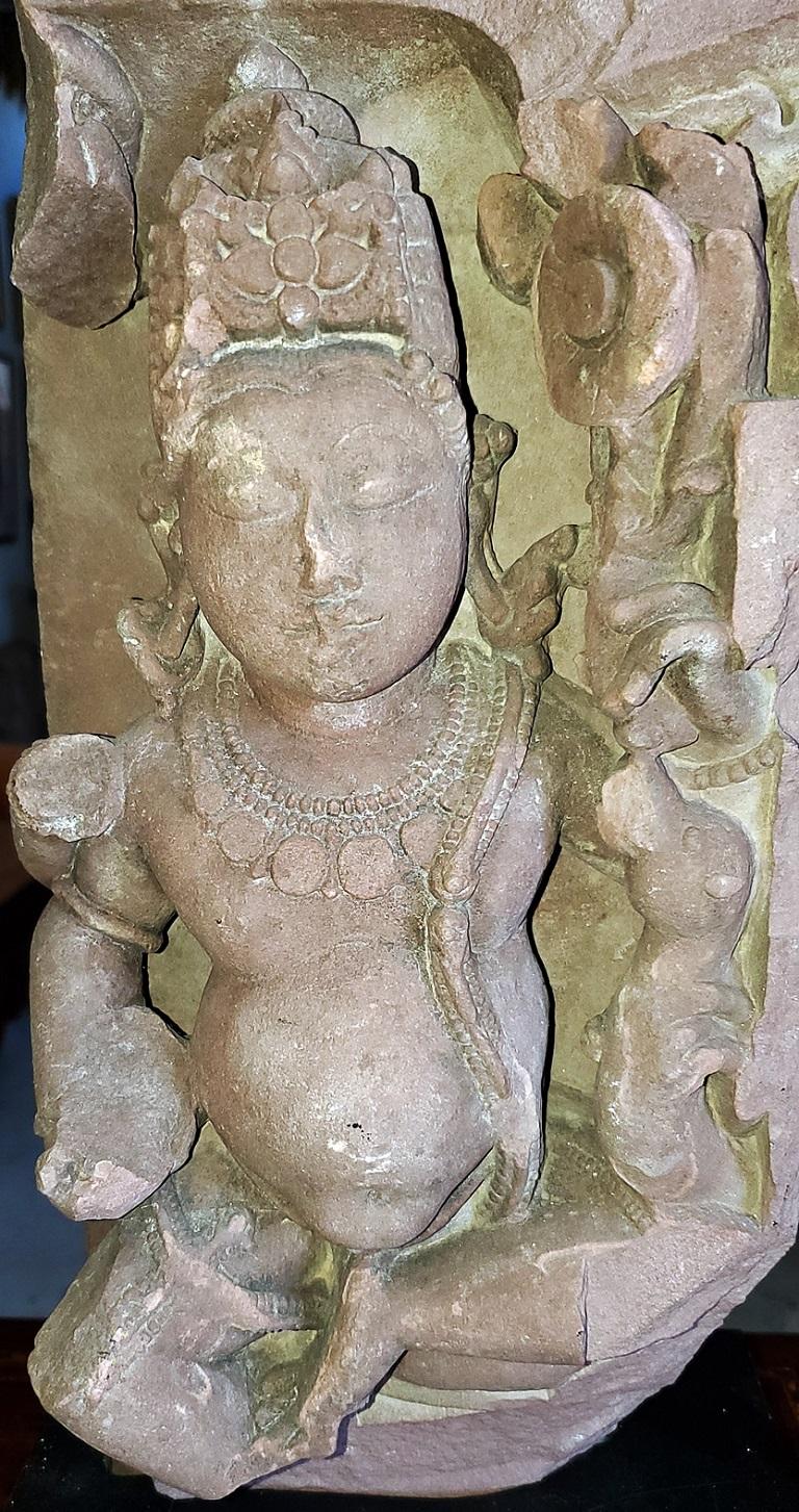 Hand-Carved 11C Red Sandstone Pot Bellied Vishnu Carving For Sale