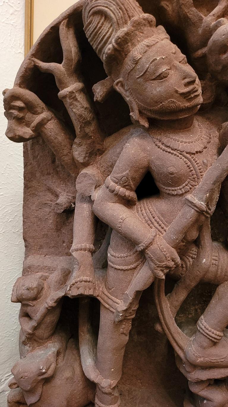Hand-Carved 11C Shiva Tripurantaka Red Sandstone Relief For Sale
