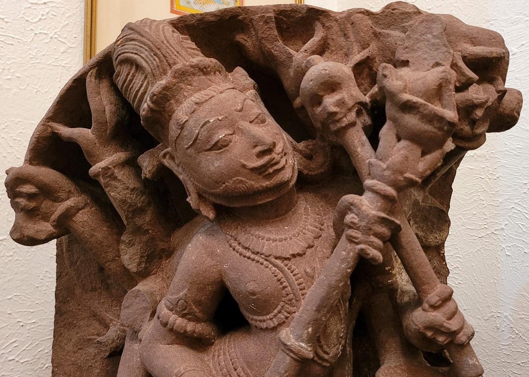 18th Century and Earlier 11C Shiva Tripurantaka Red Sandstone Relief For Sale