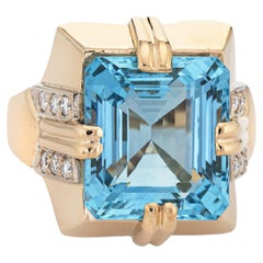 11ct Aquamarine Ring Vintage 14k Yellow Gold Square Cocktail Fine Jewelry