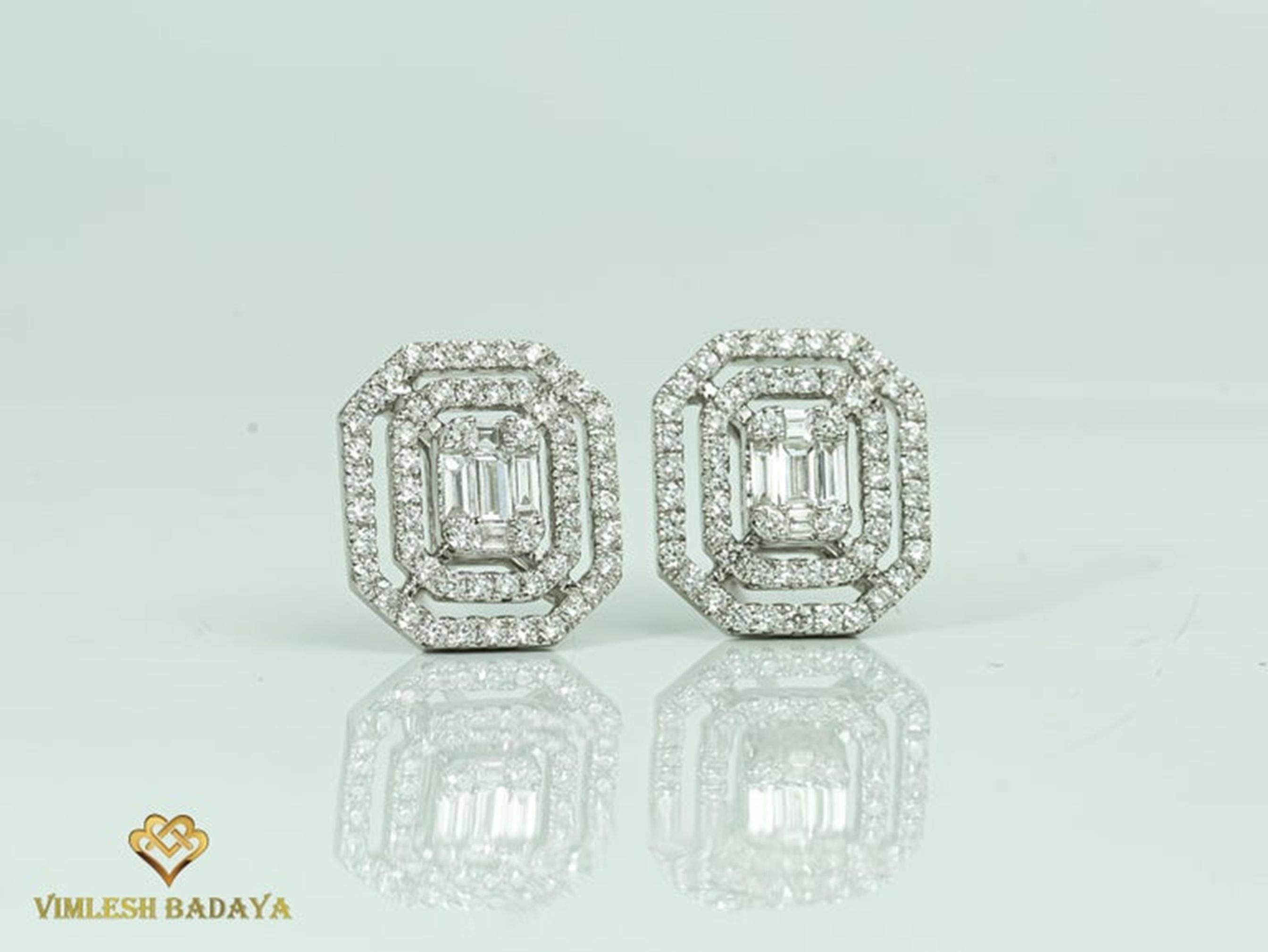 Pendientes Halo de Diamantes talla baguette de 1,1 ct en Oro Blanco-Engaste Ilusión Art Decó en venta 2