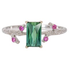 1.1Ct Indicolite Tourmaline Ring with Pink Sapphire Accents: Solid 14K Gold