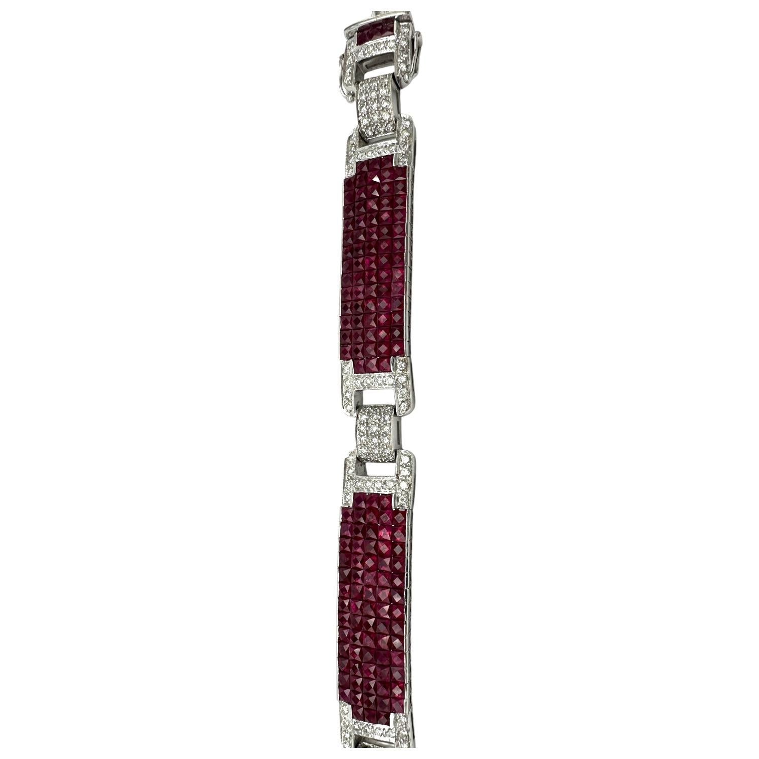 11ct Invisible Diamond Pigeon Blood Ruby Bracelet 18 Karat White Gold For Sale 3