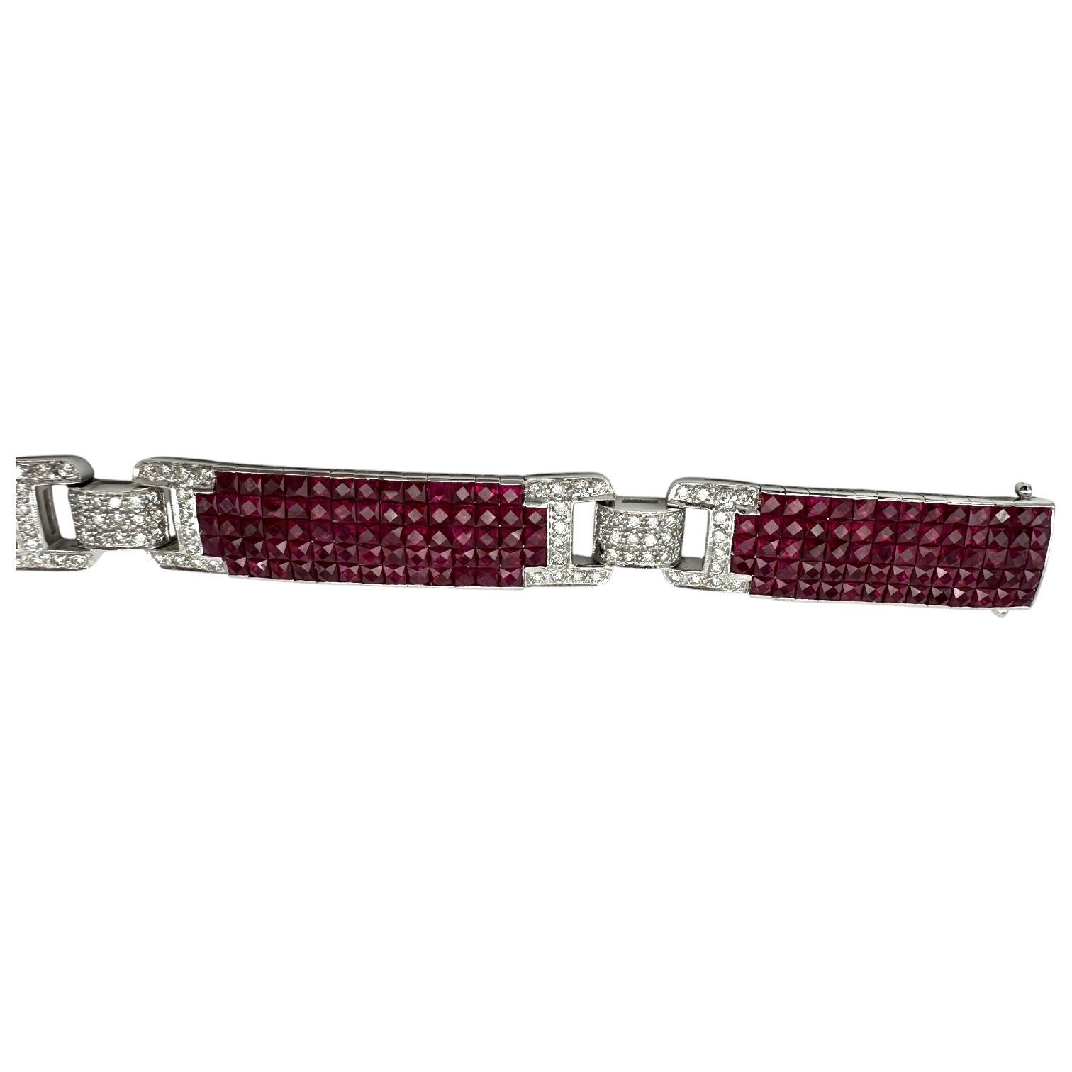 11ct Invisible Diamond Pigeon Blood Ruby Bracelet 18 Karat White Gold For Sale 4