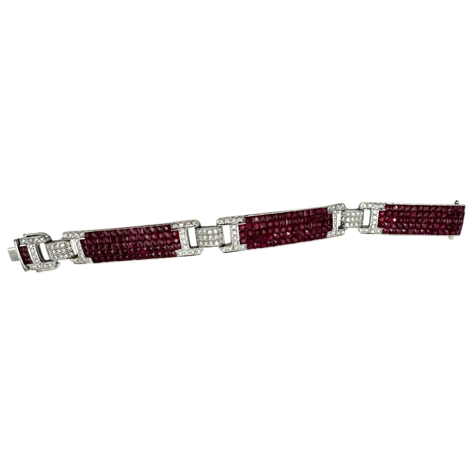 11ct Invisible Diamond Pigeon Blood Ruby Bracelet 18 Karat White Gold For Sale 5