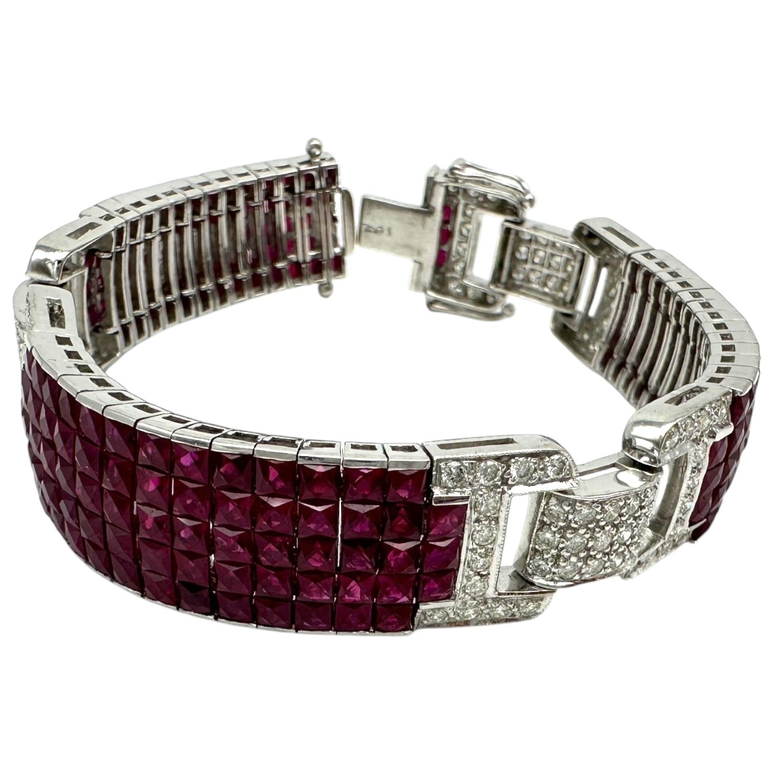 11ct Invisible Diamond Pigeon Blood Ruby Bracelet 18 Karat White Gold For Sale 6