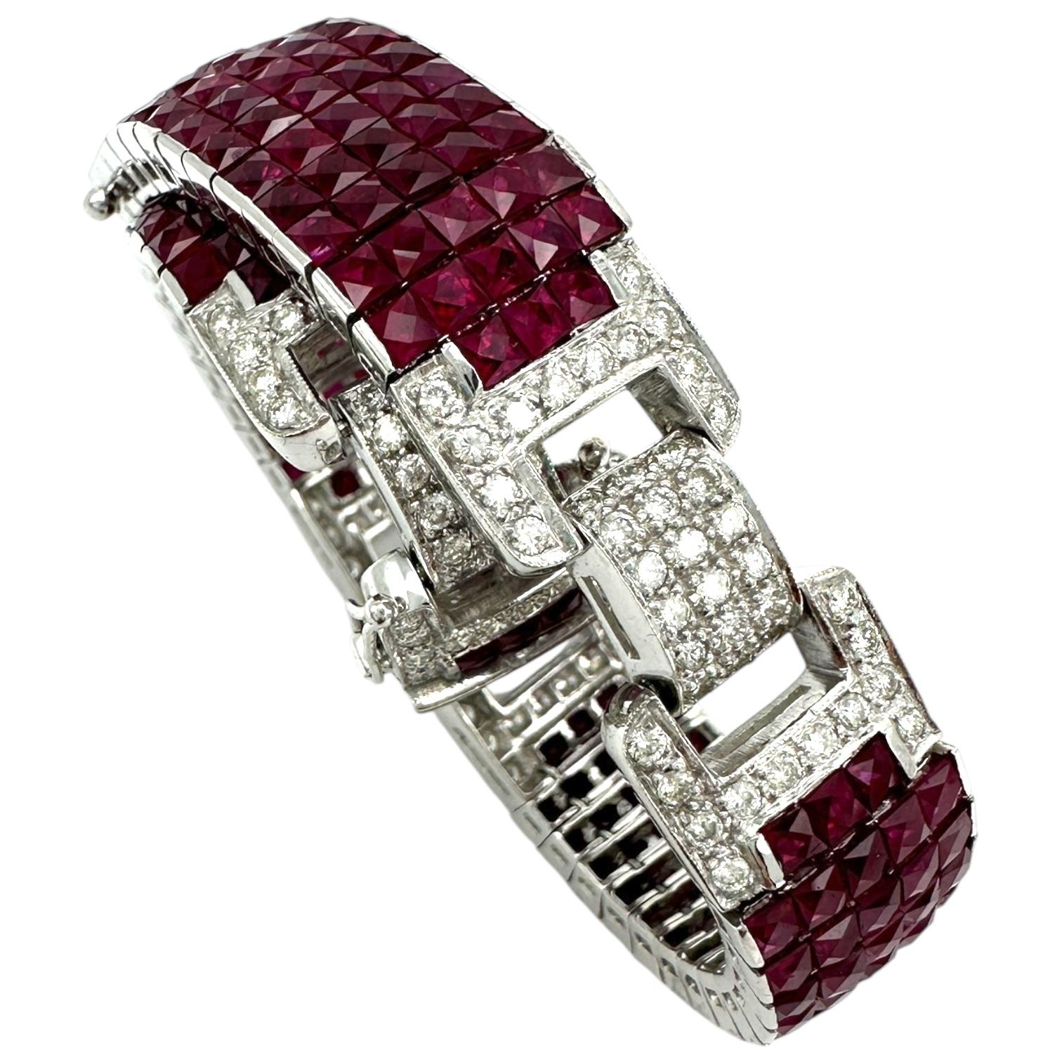 Invisible diamond & princess ruby bracelet of Burma precious gemstones.
Length of bracelet is 7