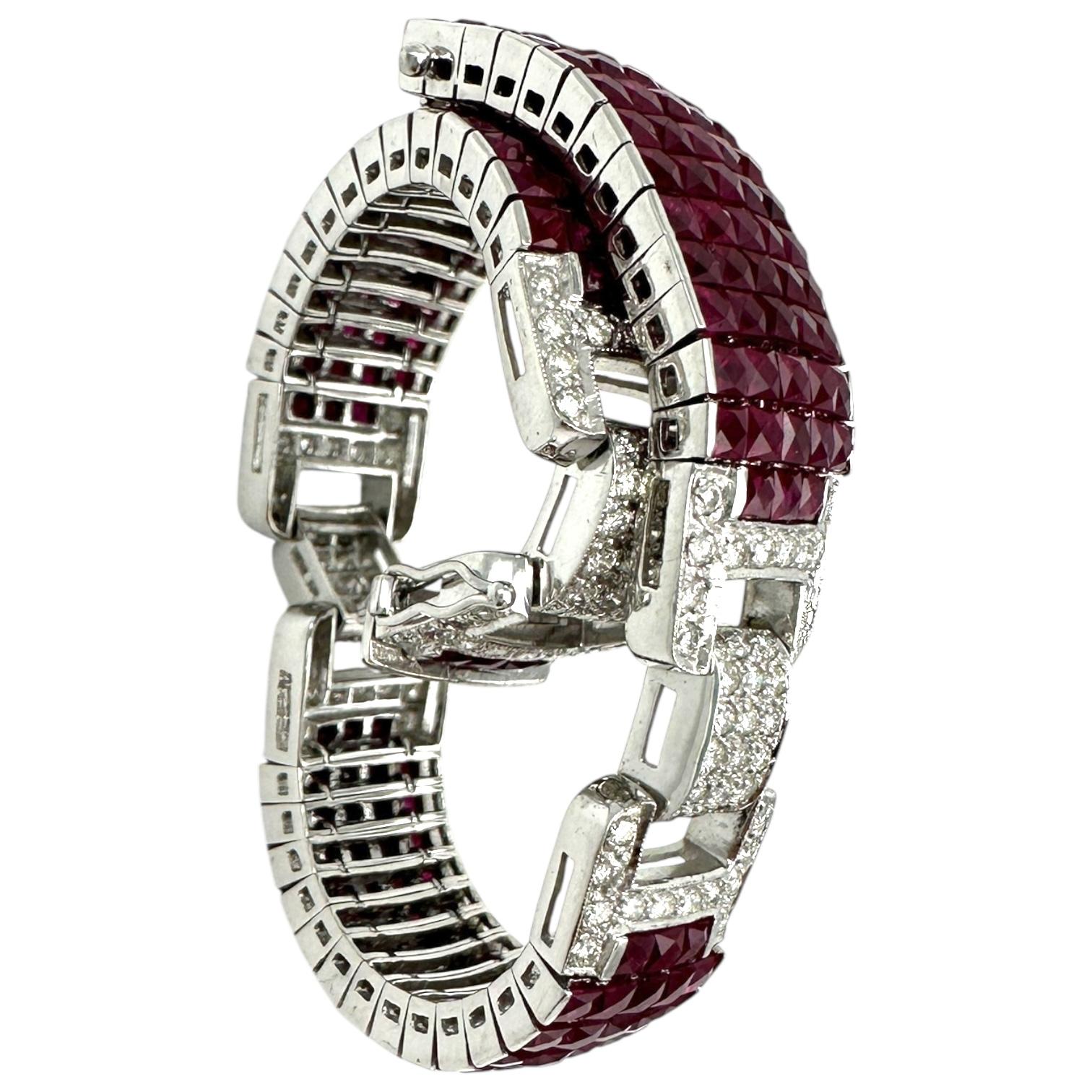 Modern 11ct Invisible Diamond Pigeon Blood Ruby Bracelet 18 Karat White Gold For Sale