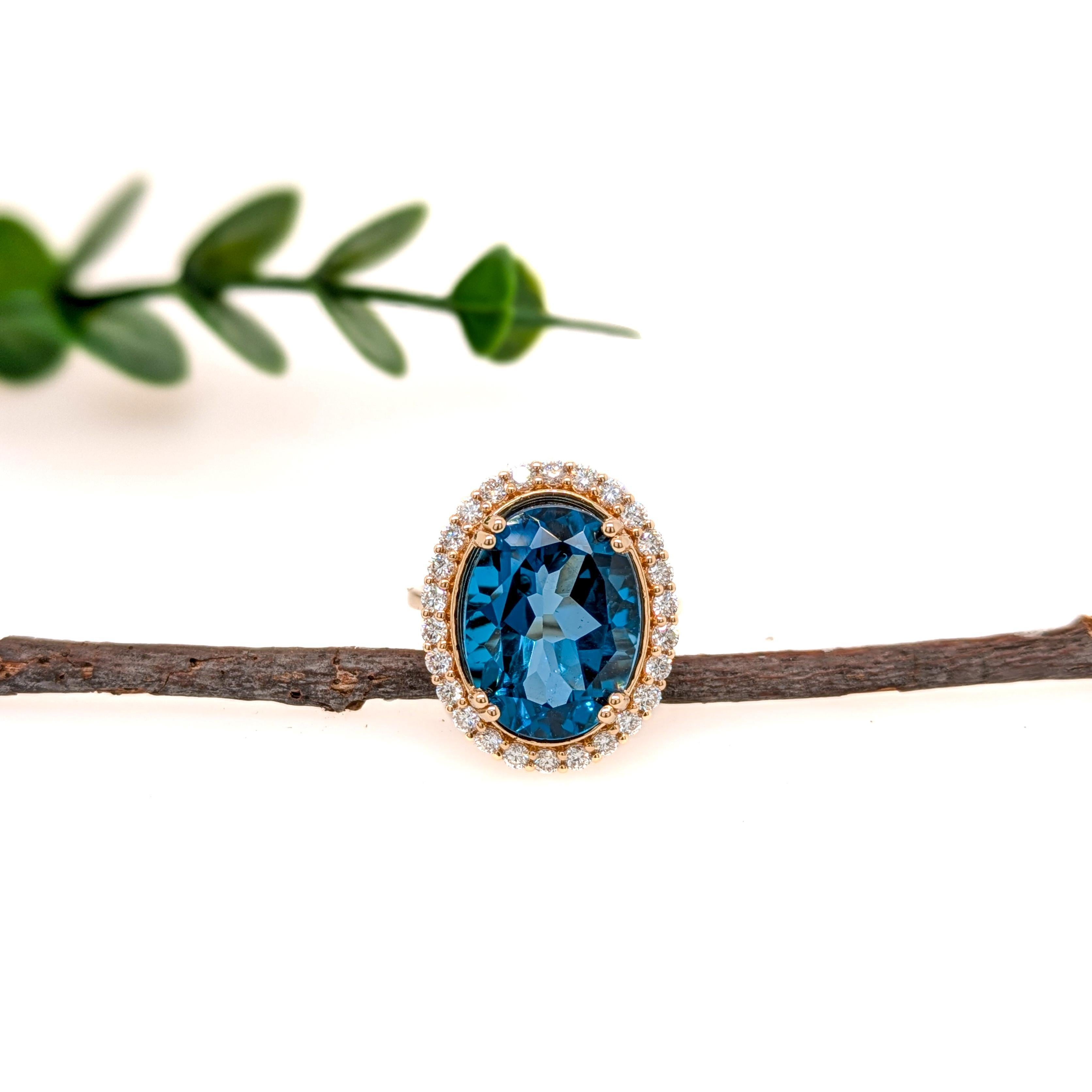 Art Deco 11ct London Blue Topaz Ring w Natural Diamond Halo in Solid 14K Gold OV 16x12mm