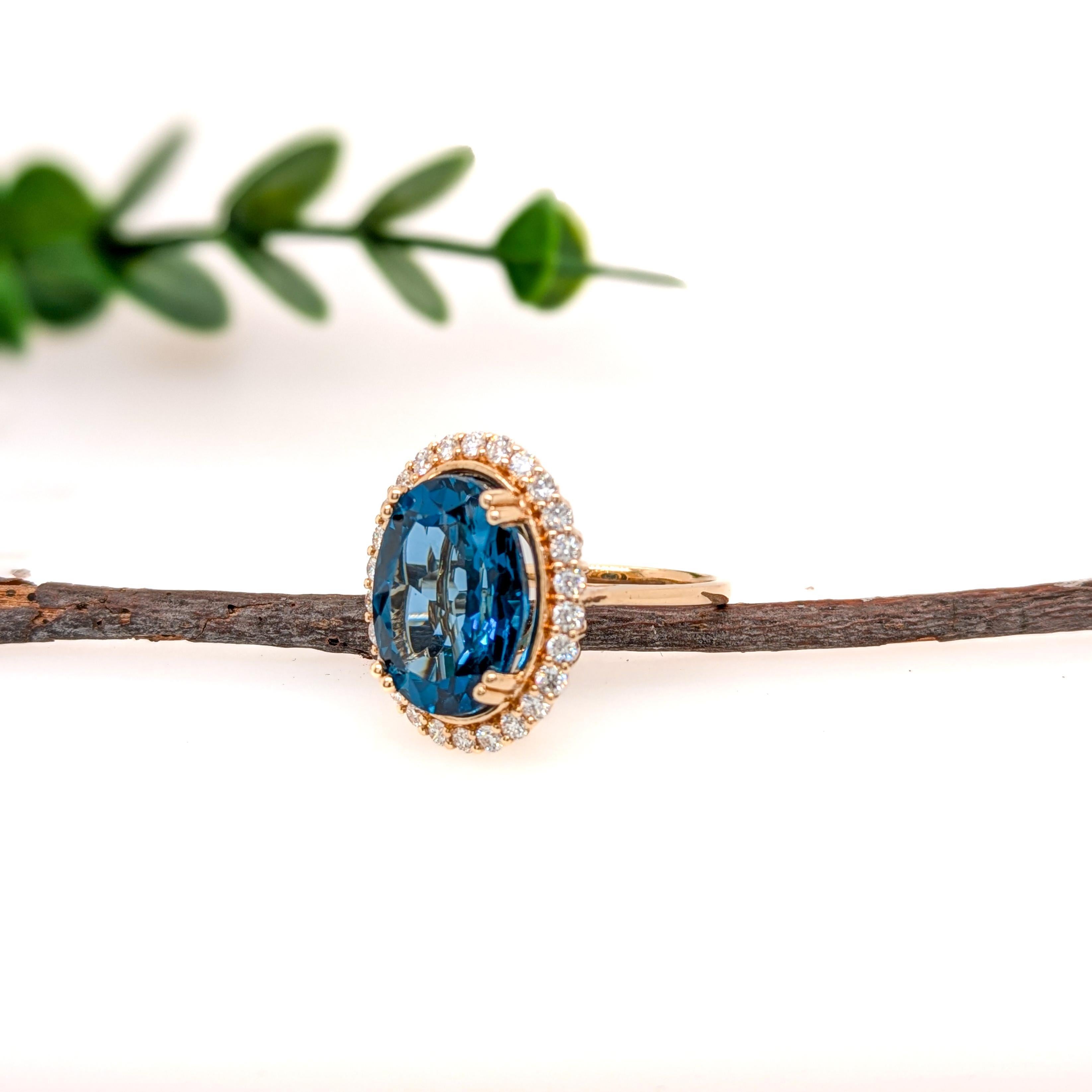Oval Cut 11ct London Blue Topaz Ring w Natural Diamond Halo in Solid 14K Gold OV 16x12mm