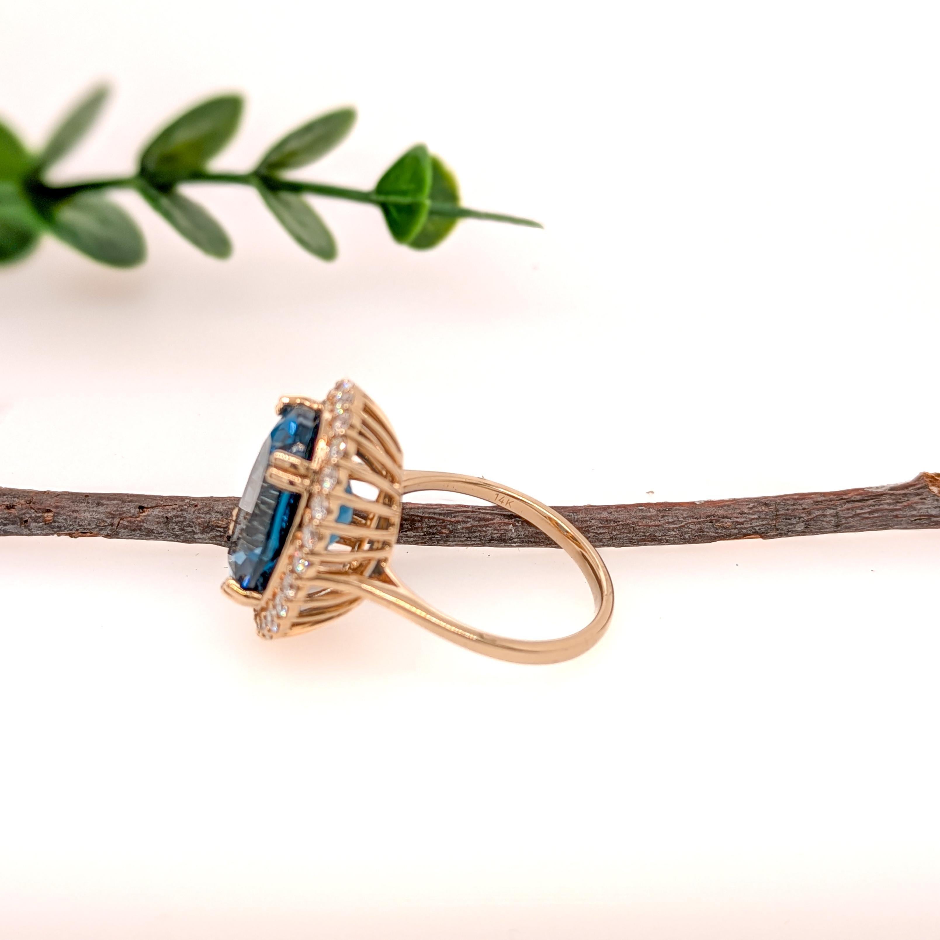 11ct London Blue Topaz Ring w Natural Diamond Halo in Solid 14K Gold OV 16x12mm In New Condition In Columbus, OH